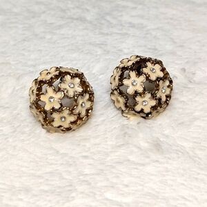 Vintage Cream Enamel Floral Pierced Earrings with Rhinestone Accents